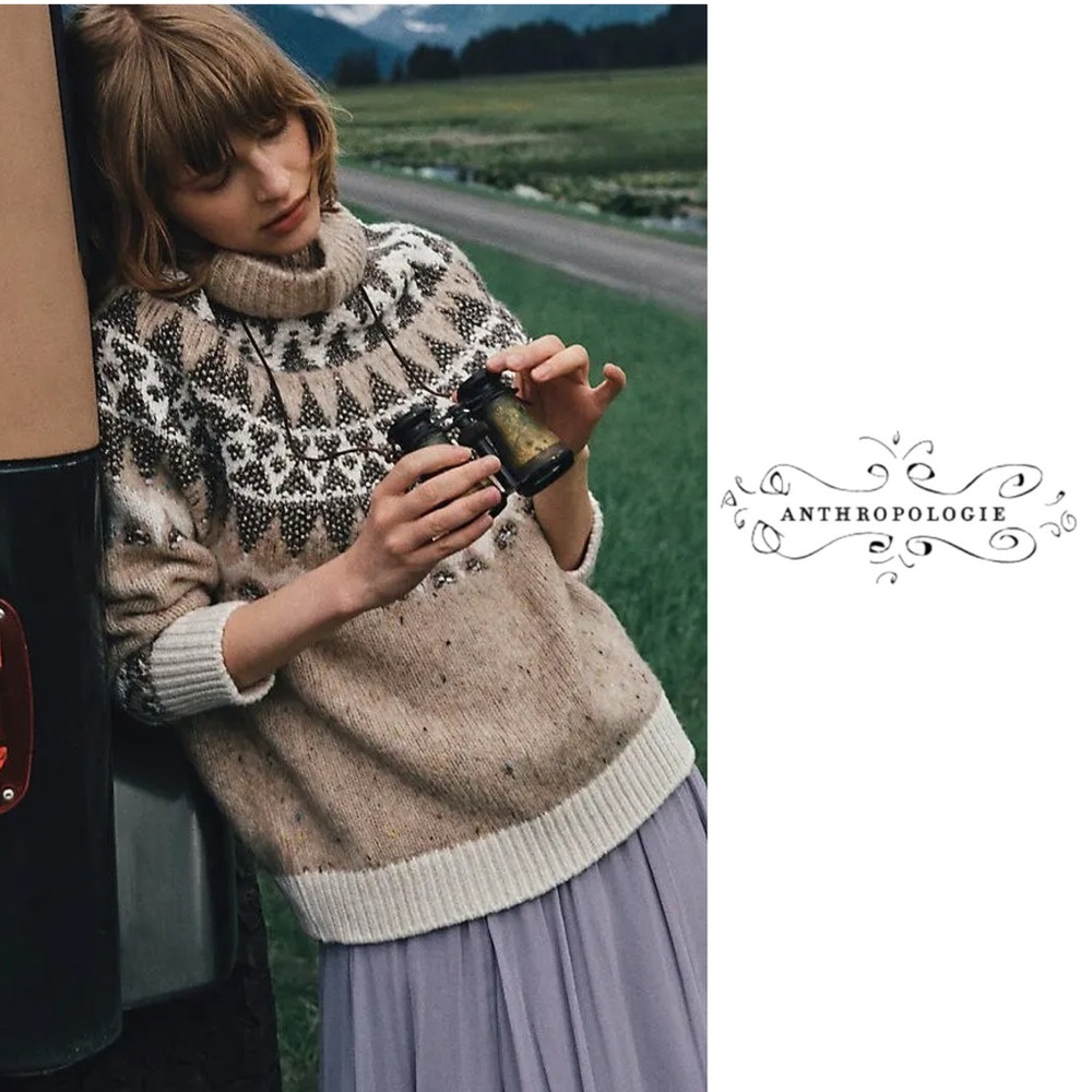 Anthropologie Pilcro Fair Isle Turtleneck Alpine Sweater in White Tan and Bronze